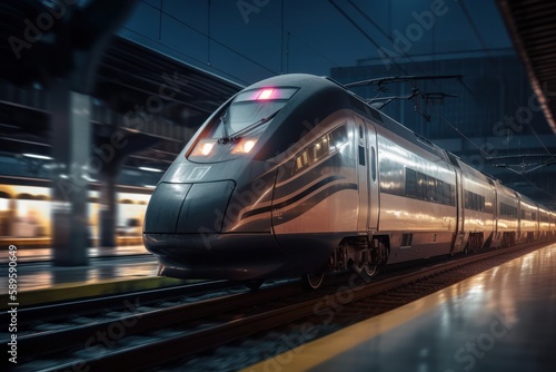Modern high-speed train in the city at night. 3d rendering, generative Ai