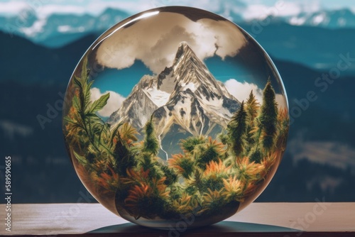 Mountain landscape in a glass sphere with the reflection of the mountains, Generative Ai