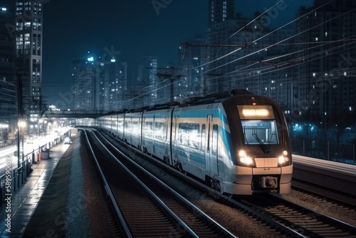 High speed train in the city at night with motion blur background, generative Ai