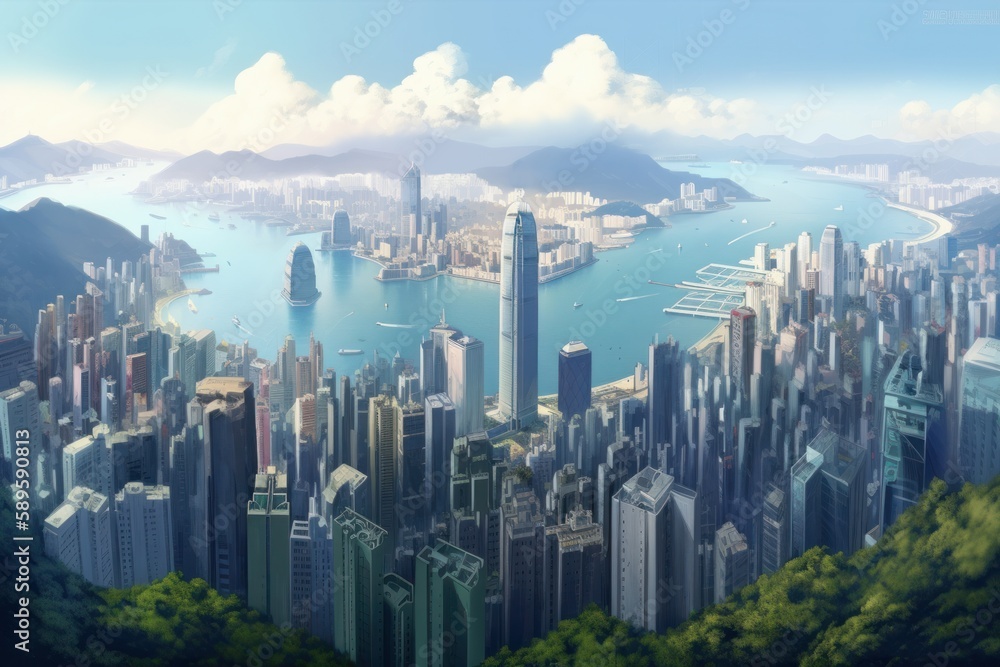 Beautiful aerial view of the city of Hong Kong from Victoria Peak, Generative Ai