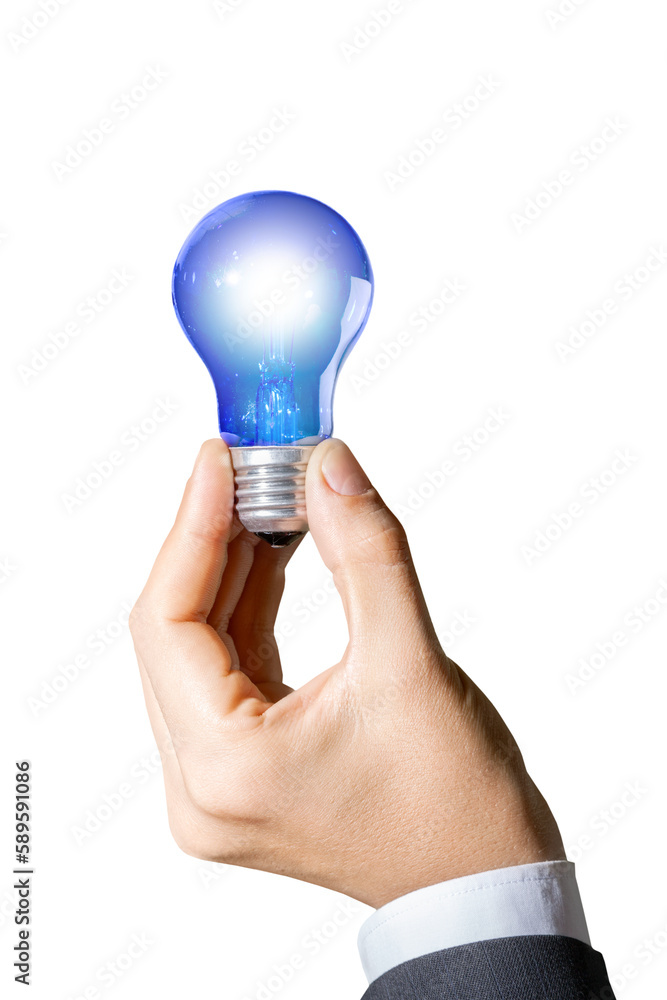 Closeup of Businessperson Holding a Blue Light Bulb Closeup of Businessperson Holding a Blue Light Bulb