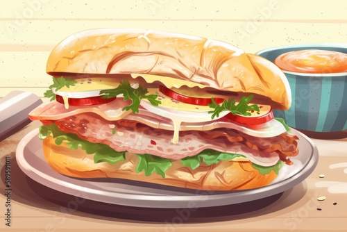 Illustration of a sandwich with bacon, tomato, cheese, onion and lettuce, Generative Ai