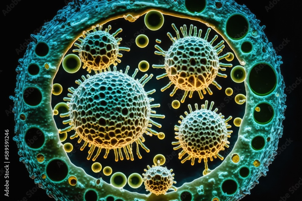 Close up shot of bacteria and virus cells in a laboratory. Ai generative. Close up shot of bacteria and virus cells in a laboratory. Ai generative.
