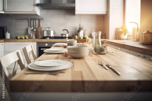 Wooden table top on blur kitchen room background Modern Contemporary kitchen room interior   Desk of free space and kitchen interior  Generative AI