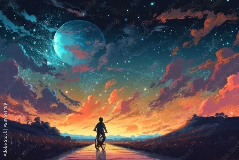 Fototapeta premium Cyclist on the road in the moonlight. Concept art, illustration style, Digital drawing, Generative Ai
