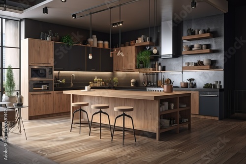 Interior of kitchen with modern oven   modern Nordic kitchen in loft apartment. 3D rendering   Modern Contemporary kitchen room interior .white and wood material 3d render  Generative AI