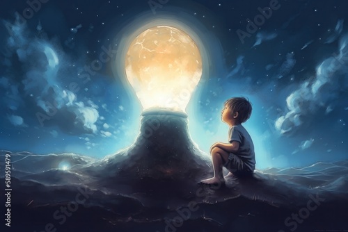 Little boy sitting on the edge of a cliff and looking at a big light bulb  Generative Ai