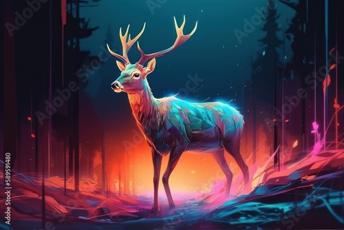 Deer art painting in a colourful forest, in the style of spatial concept art, luminosity of water. Playful and colourful illustrations, Generative Ai