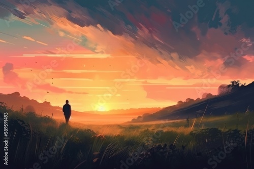 Digital painting of a man walking in a meadow at sunset, Generative Ai