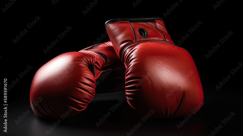 red boxing gloves on black background. Professional red boxing gloves hanging on black background with copy space. Generative Ai.