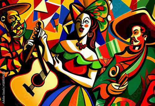 Mexican Flamenco dancers celebrating Cinco de Mayo which is Mexico independence day in an abstract cubist style painting for a poster or flyer, computer Generative AI stock illustration image
