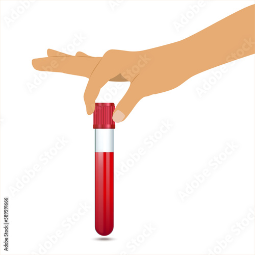 Doctor's hand holding test tube with blood sample for testing. Researcher hold blood sample in analysis lab. Glass vial with cap. Laboratory glassware, biology, medicine and pharmaceuticals. 