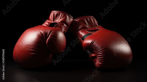 red boxing gloves on black background. Professional red boxing gloves hanging on black background with copy space. Generative Ai. © Kowit