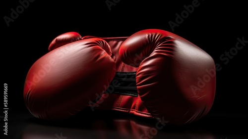red boxing gloves on black background. Professional red boxing gloves hanging on black background with copy space. Generative Ai.