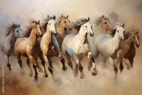 Fototapete Horses in motion, watercolour painting on canvas, hand drawing, Generative Ai