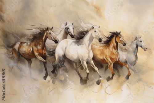 Horses in motion  watercolour painting on canvas  hand drawing  Generative Ai