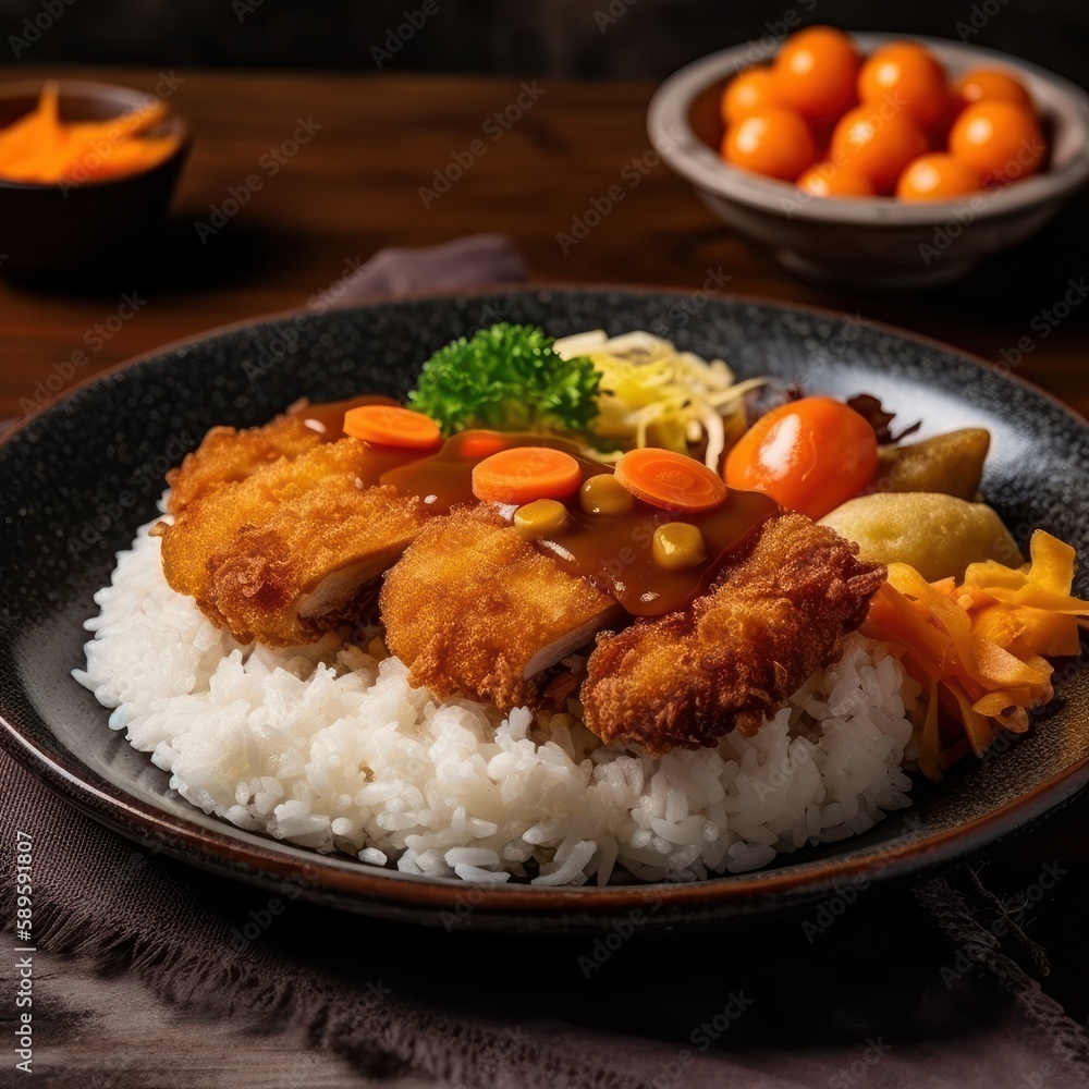 Breaded pork cutlet with rice and carrot on wooden background, Generative Ai Breaded pork cutlet with rice and carrot on wooden background, Generative Ai