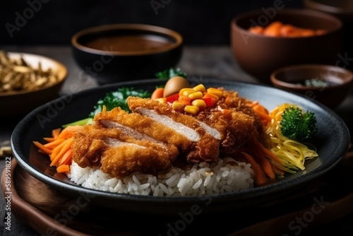 Japanese food, fried pork cutlet with rice and vegetables on wooden background, Generative Ai
