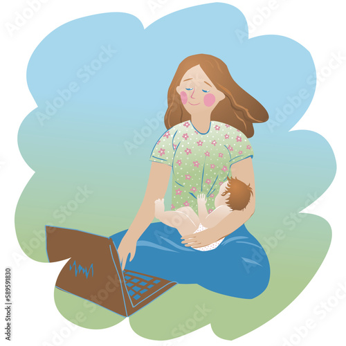 New mom working at home. Online job concept