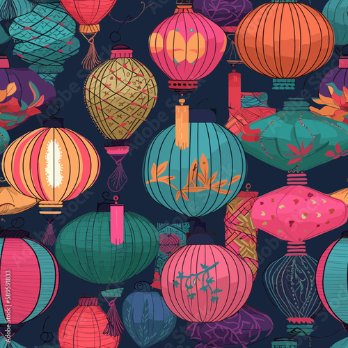 seamless background Chinese colorful lanterns on a black background