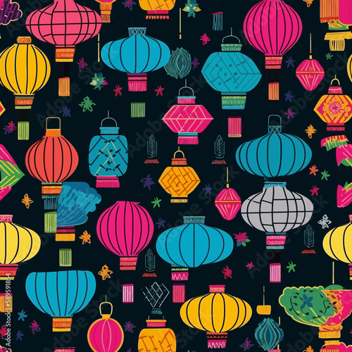 seamless background Chinese colorful lanterns on a black background