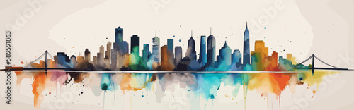 City over the river abstract watercolor background with watercolor splashes