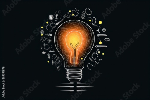 Glowing light bulb on dark background with business sketches. Idea concept, Generative Ai