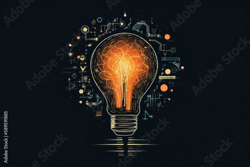 Glowing light bulb on dark background with business sketches. Idea concept, Generative Ai
