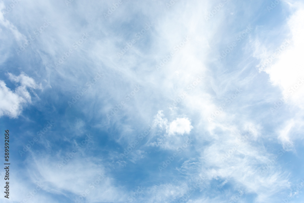 White shroud of natural white cirrus clouds is covered blue summer sky. Skyscape background. White shroud of natural white cirrus clouds is covered blue summer sky. Skyscape background.