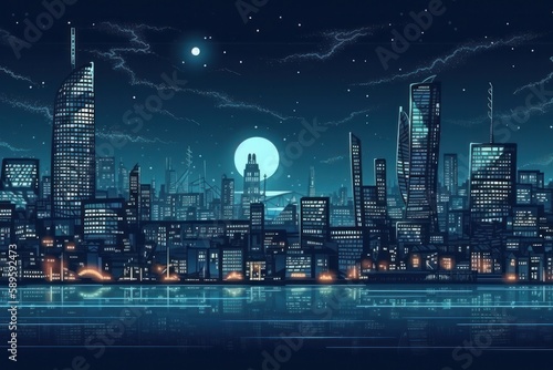 Illustration of city at night with a full moon and stars, generative Ai