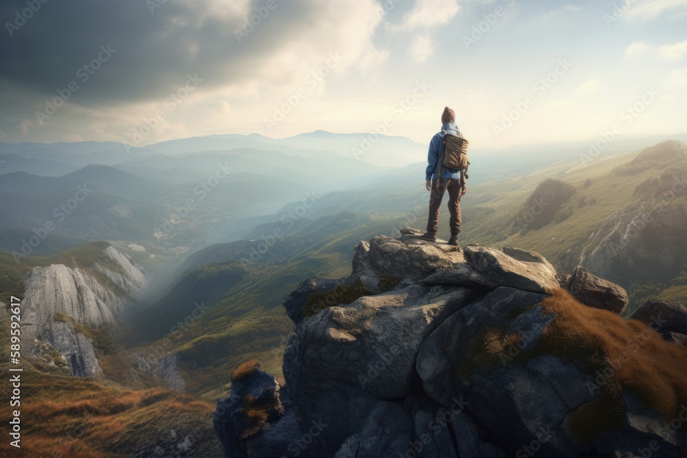 Hiker standing on top of a mountain and enjoying the view, generative Ai