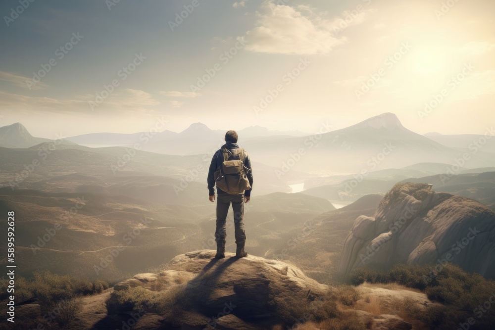 Hiker with backpack standing on top of a rock and looking at the beautiful landscape, generative Ai