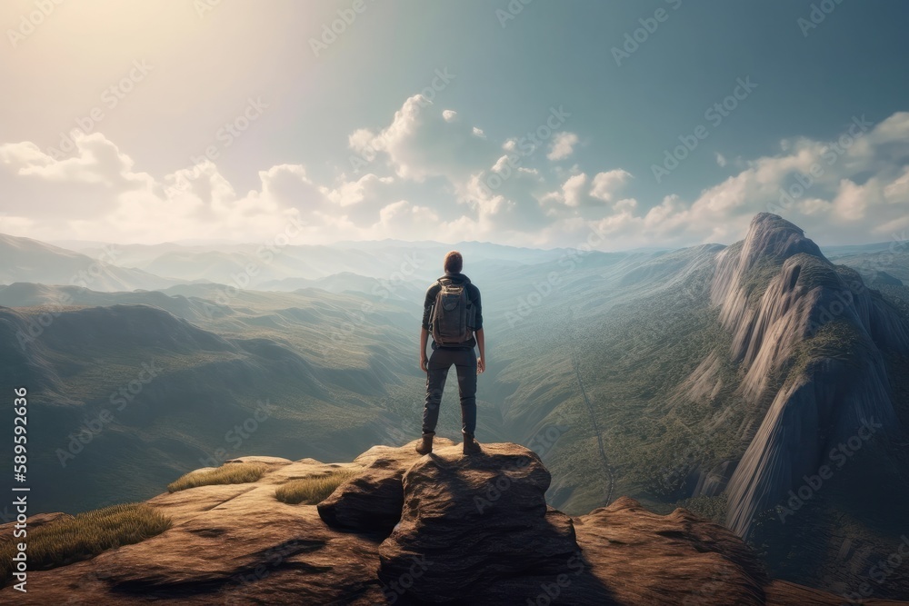 Man with backpack standing on the edge of cliff and looking into the distance, generative Ai