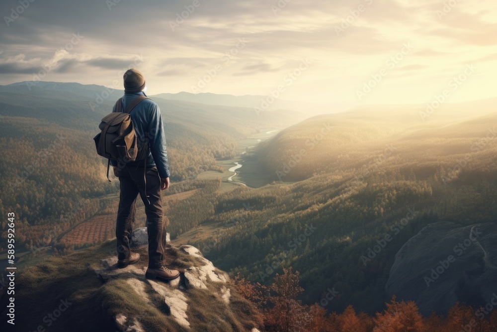 Man with backpack standing on top of rock and looking at the valley, generative Ai