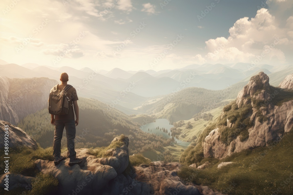 Man with backpack standing on top of mountain and looking at lake, generative Ai