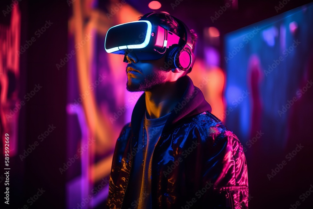 Portrait of a young man in virtual reality glasses playing a game, generative Ai