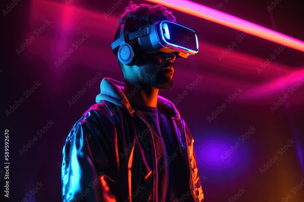 Man wearing virtual reality goggles in front of a colorful neon background, generative Ai
