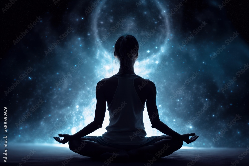 Young woman meditating in lotus pose with a light beam on background, Generative Ai