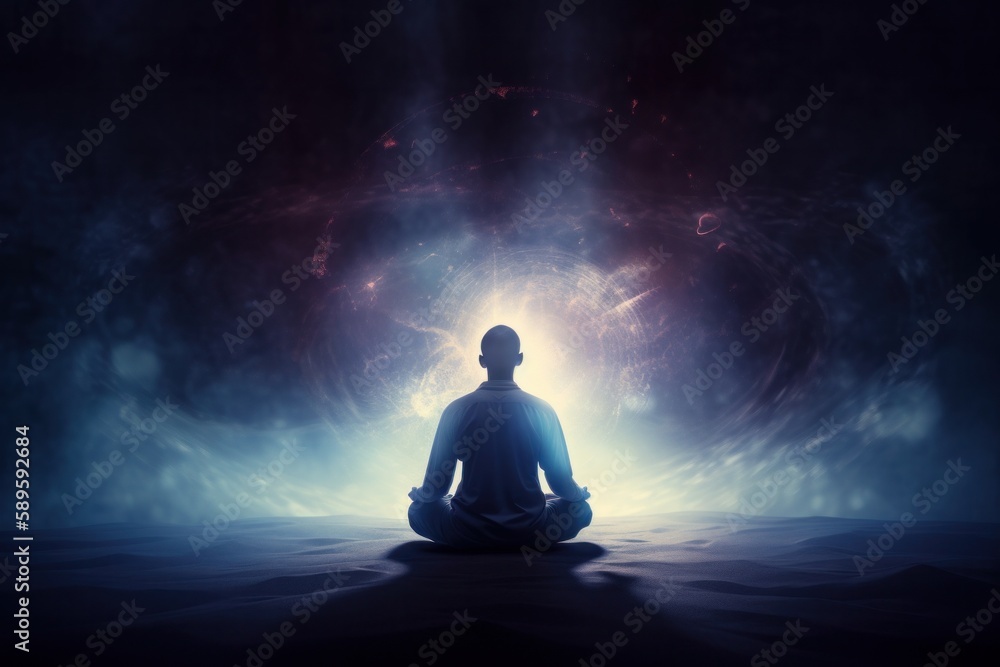 Silhouette man meditating in lotus position on dark background with light rays, Generative Ai Silhouette man meditating in lotus position on dark background with light rays, Generative Ai