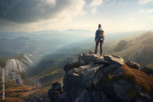 Hiker standing on top of a mountain and enjoying the view, generative Ai