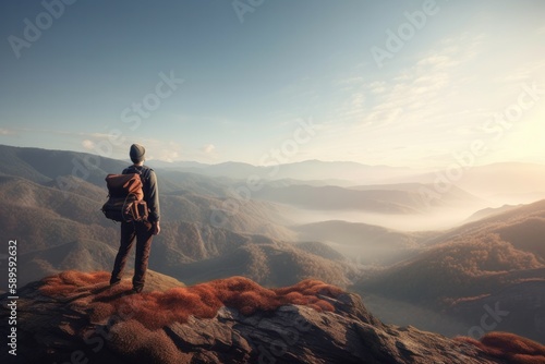 Hiker with backpack standing on top of a mountain and looking into the distance, generative Ai
