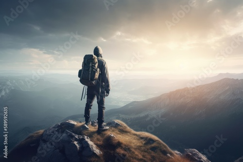 Hiker with backpack standing on top of the mountain and looking at the sunset, generative Ai