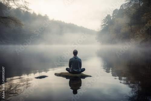 Man meditating on the lake in the morning with foggy background, Generative Ai