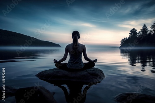 Yoga woman meditating on the lake shore at sunrise. Yoga concept, Generative Ai