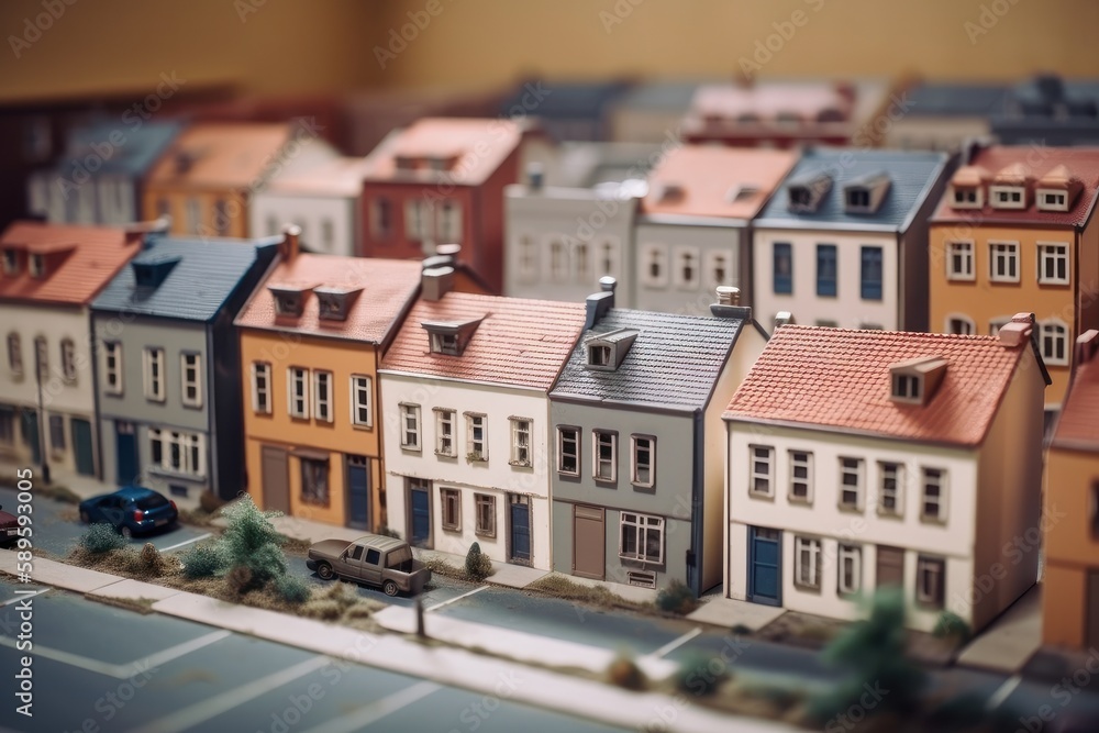 Miniature model of a residential area with trees on the ground, Generative Ai