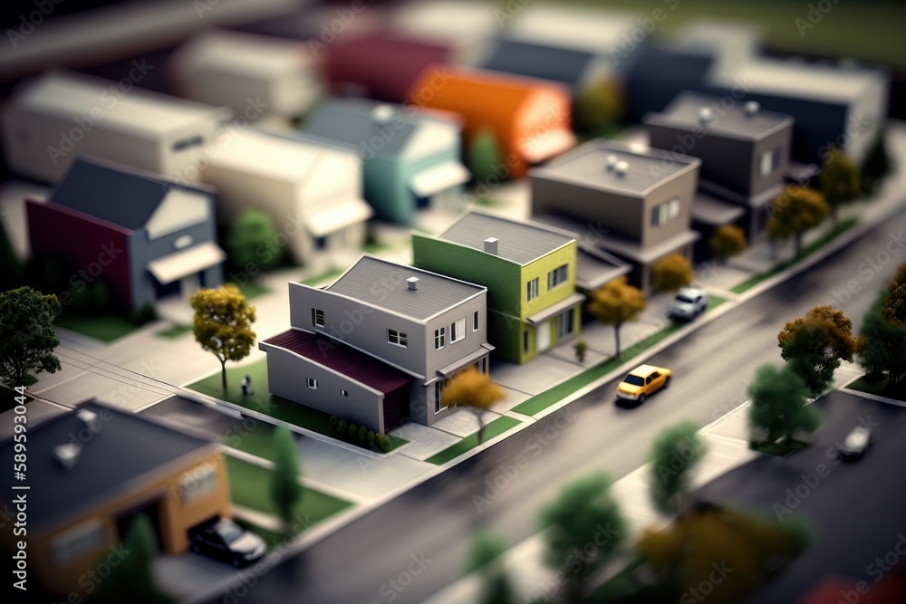 A miniature city with houses and cars on the road. 3D rendering, Generative Ai A miniature city with houses and cars on the road. 3D rendering, Generative Ai