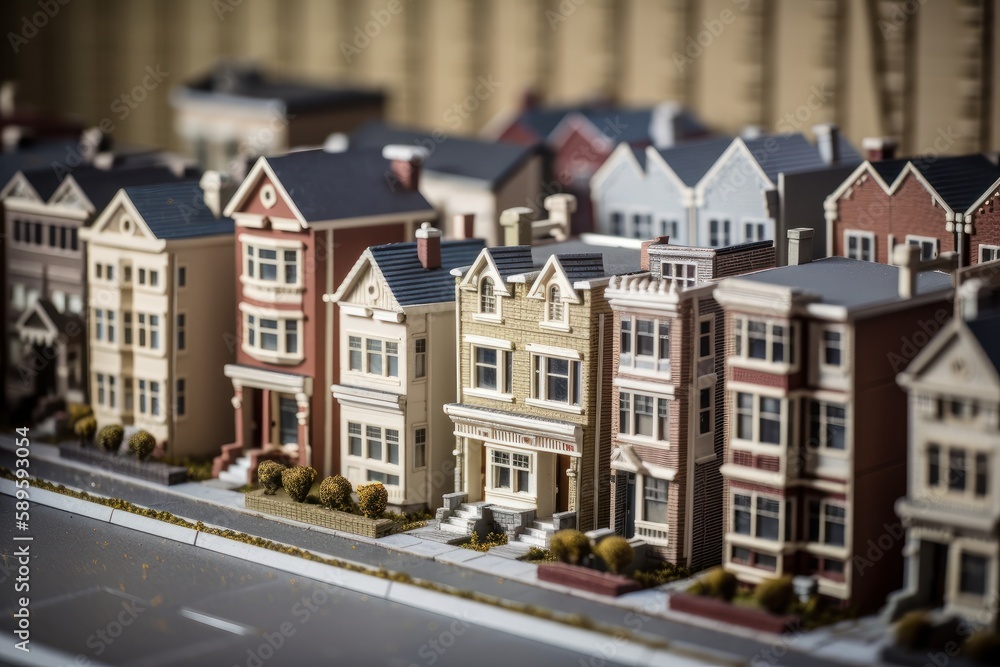 Miniature city with row of houses. Miniature model of town, Generative Ai