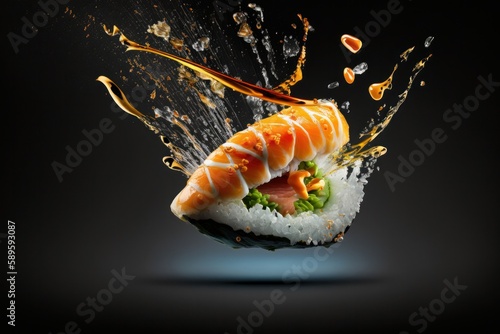 Sushi roll with flying salmon on black background. 3D rendering, Generative Ai
