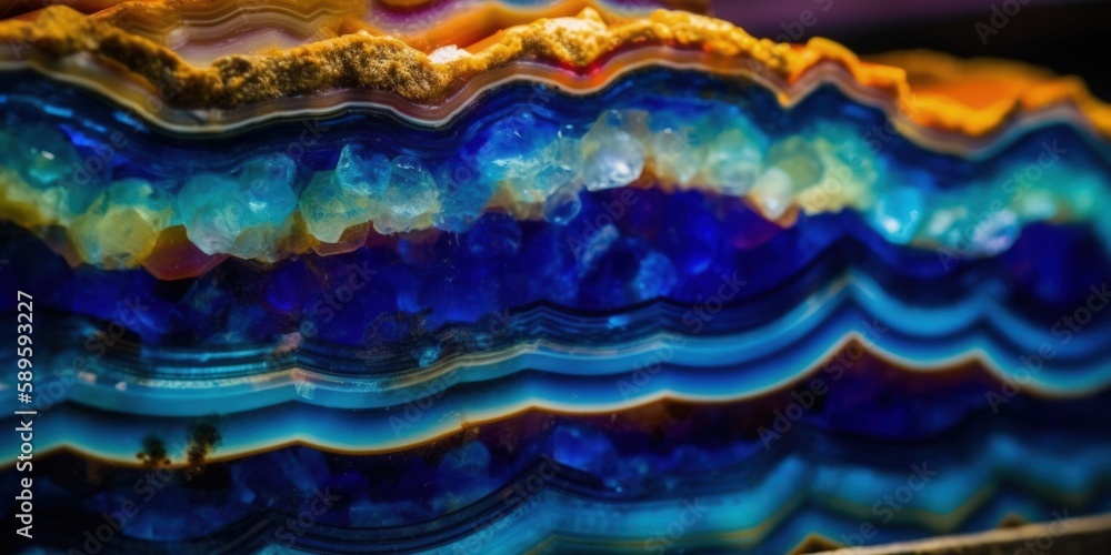 Vibrant vivid blue with a hint of orange agate crystal rock slices with beautiful marbling lines and flowing translucent layered patterns, extreme macro closeup with bokeh blur - generative AI