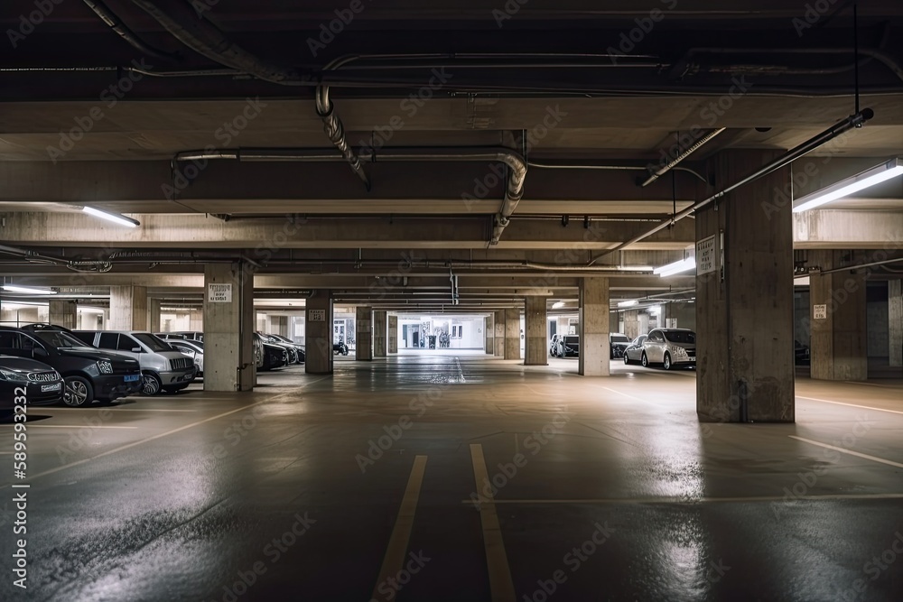 An Underground Car Park from a Panoramic Perspective: Uncovering the Hidden Car Lot Basement of a City Garage. Generative AI